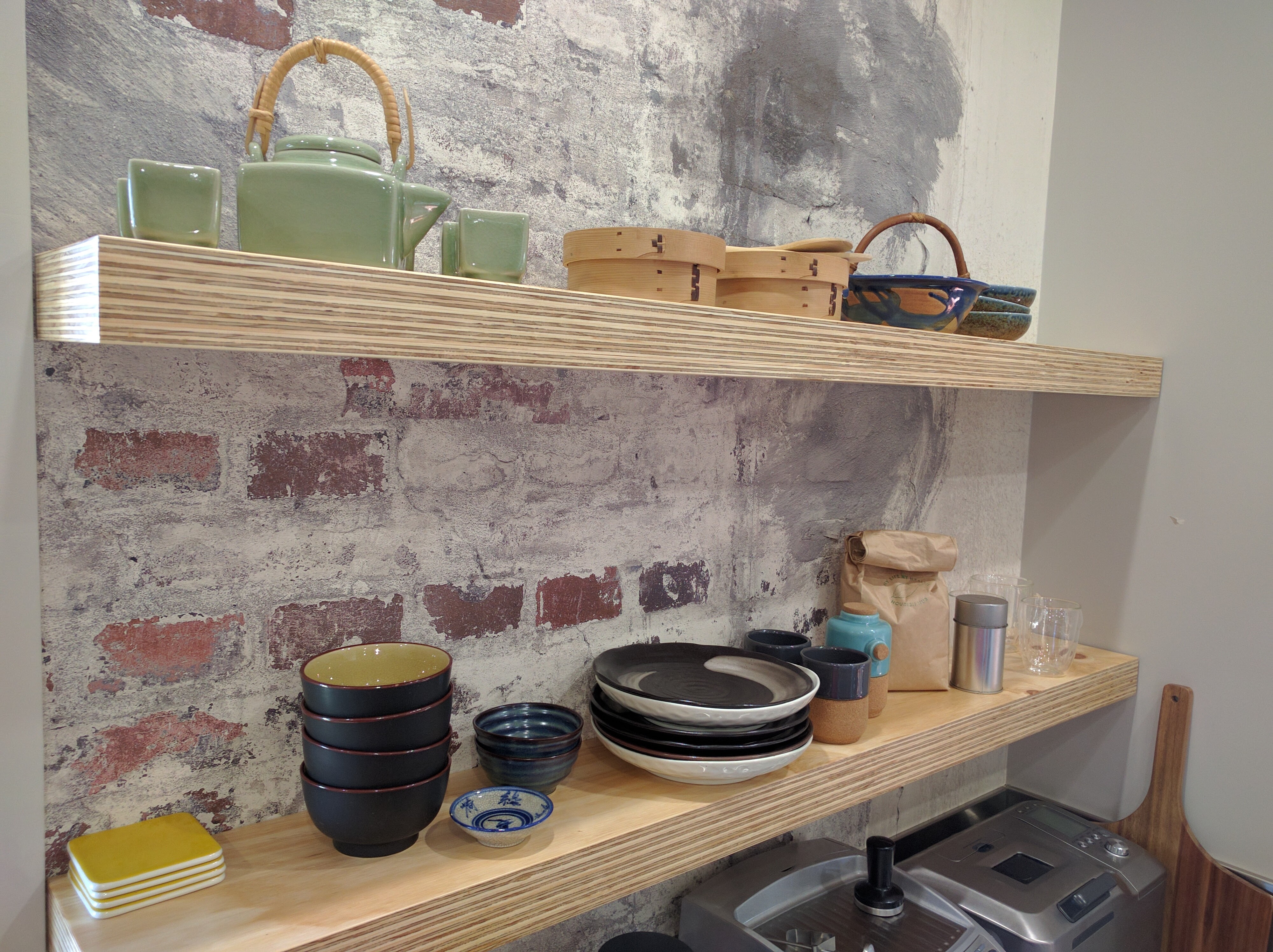 Floating Kitchen Shelves on Exposed Brick Finer FinishersFiner Finishers
